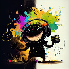 Happy laughing dj, fictional character, abstract colorful illustration. Generative art