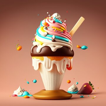 Delicioso e belo sundae sorvete gelado sobremesa, Delicious ice cream sundae with flake, GENERATIVE AI