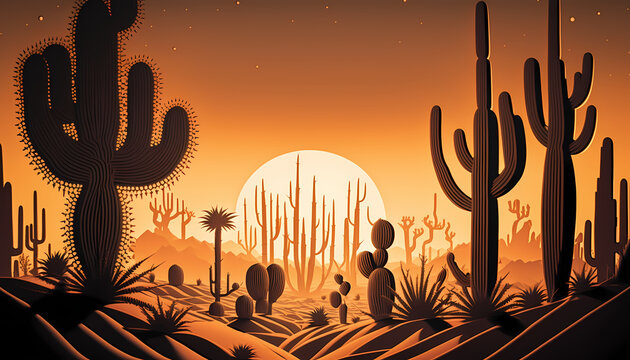 Cactii cast against a desert setting sun