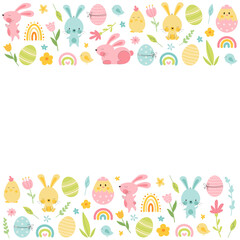 Easter border with bunny, eggs, rainbow, flowers