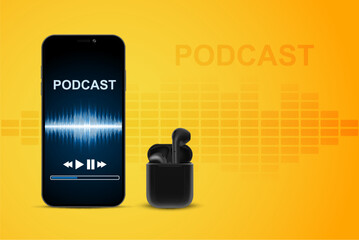 Wireless headphones with smartphone. Online music, radio, listening to podcasts, audio books - concept. EPS10 vector