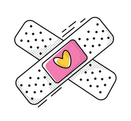 Cute medical plaster with pink heart. Patch or emblem with cartoon style character. Comic sticker design.