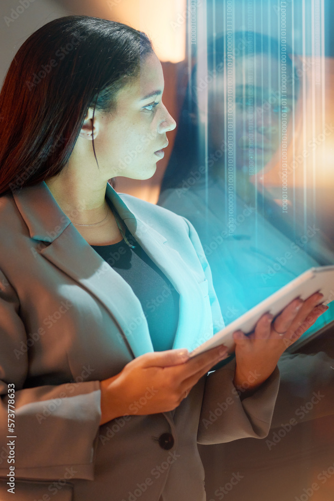 Aufkleber Code overlay, business woman and tablet data of a it worker with crypto coding and programmer work. Information technology graphic, digital cybersecurity and 3d programming in a office on tech