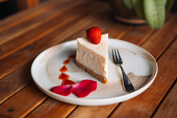 Beautuful Breakfast at the Coffee Shop with Crossant and Cheescake