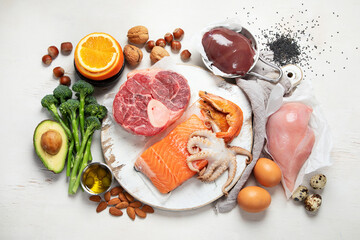 Food high in coenzyme Q10 on light gray background. Healthy eating concept. .Food high in coenzyme Q10 on light gray background. Healthy eating concept. Top view, flat lay, copy space.
