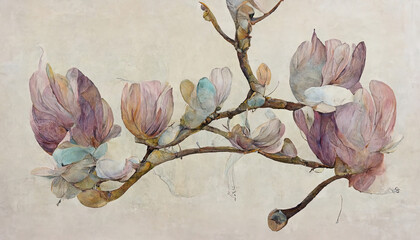 Magnolia flower on white background, closeup. Style floral collage in pastel color palette. Generative Ai