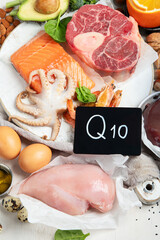 Food high in coenzyme Q10 on light gray background. Healthy eating concept. .Food high in coenzyme...