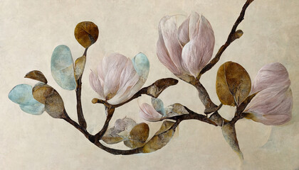Magnolia flower on white background, closeup. Style floral collage in pastel color palette. Generative Ai