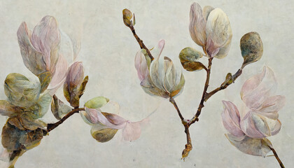 Set of magnolia branches with blooming flowers, modern minimalist art. Generative Ai