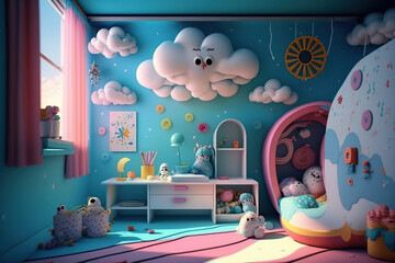 Cute surreal children's room. Colorful kids room. generative ai.