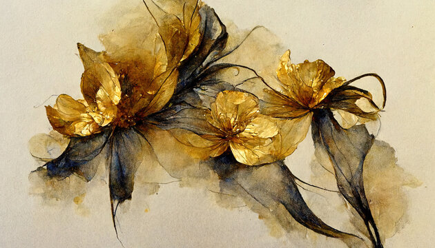 Spectacular Abstract Black And Gold Painting Flower Digital Art 3d Illustration. Generative Ai