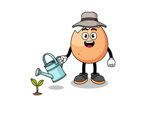 Illustration of cracked egg cartoon watering the plant