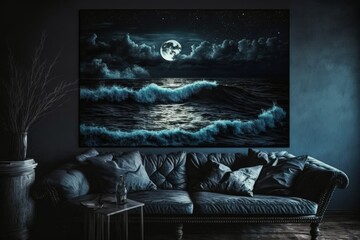 Fantasy night sky ocean sea with dark waves and stars. Impressionistic Style. Generative AI