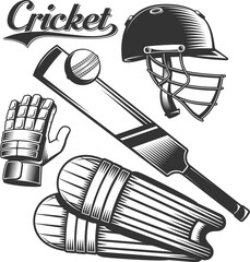 Cricket sports equipment set - retro style. Cricket helmet and bat. Vector illustration.