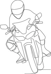 Continuous one line drawing happy man riding motorbike on the road using helmet. Safety ride concept. Single line draw design vector graphic illustration.