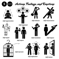 Stick figure human people man action and emotions icons alphabet S. Self, regeneration, regulated, reliance, renunciation, repair, report, revelation, respect, restraint, replication, and review. - obrazy, fototapety, plakaty