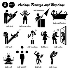 Stick figure human people man action, feelings, and emotions icons alphabet S. Self, fund, generating, governing, gratification, guilt, handicap, harm, hating, heal, identity, help, and image.