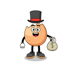 cracked egg mascot illustration rich man holding a money sack