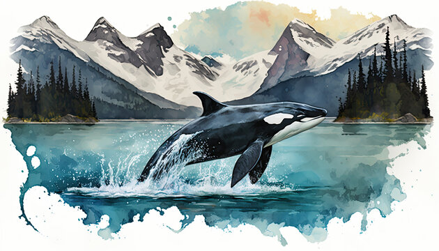 Orca Killer Whale in Alaskan Fjords breaching Watercolor Vibrant Art for postcard or poster. An illustration created with Generative AI artificial intelligence technology