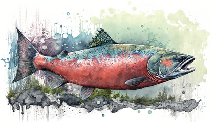 Sockeye Salmon Alaskan art for Postcards and Prints in Watercolor Style. An illustration created with Generative AI artificial intelligence technology
