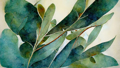 Watercolor green eucalyptus leaves and branches. Generative Ai