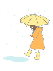 雨降りの中傘をさして水たまりで遊ぶ女の子のイラスト