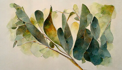 Eucalyptus leaves watercolor background collection. Generative Ai