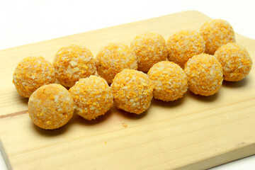Breaded mozzarella cheese Balls, traditional Korean street food. Isolated 