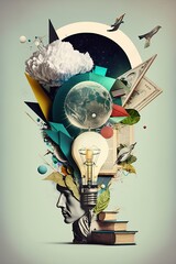Creative mind or brainstorm or creative idea concept with abstract human head silhouette and hand holding bulb lamp surrounded abstract geometric shapes in bright colors. GENERATIVE AI