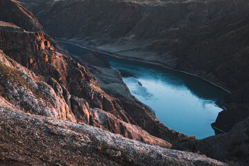 Ili river view in sunset light, Almaty region, Kazakhstan nature landscape.