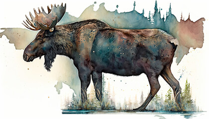 Moose Watercolor Vibrant Art for postcard or poster in Alaska forest wild scenery. An illustration created with Generative AI artificial intelligence technology