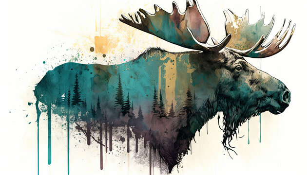 Moose Watercolor Vibrant Art for postcard or poster in  forest wild scenery. An illustration created with Generative AI artificial intelligence technology