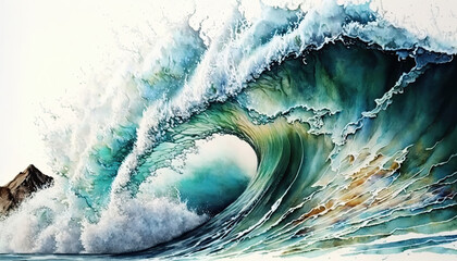 Massive Ocean Barrel Wave Crashing Watercolor. An illustration created with Generative AI artificial intelligence technology
