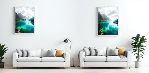 Landscape photo mockup, warm living room background, thin frame, Television, elegance, big window, mountain view, and warm light. Generative AI