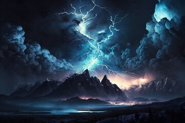 A dramatic night sky filled with dark clouds and flashes of lightning. The scenery of a nighttime mountain range. Lightening and thunder, with occasional bright flashes. Generative AI