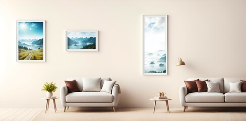 Landscape photo mockup, warm living room background, thin frame, Television, elegance, big window, mountain view, and warm light. Generative AI