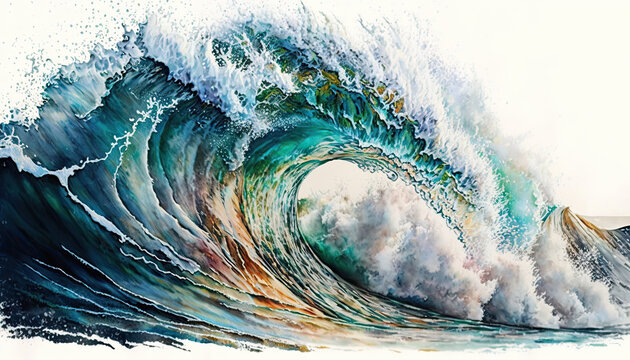 Massive Ocean Barrel Wave Crashing in the Wind in Watercolor. An illustration created with Generative AI artificial intelligence technology
