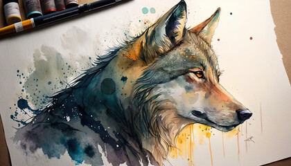 Beautiful Alaskan Wolf in Watercolor illustration created with Generative AI artificial intelligence technology