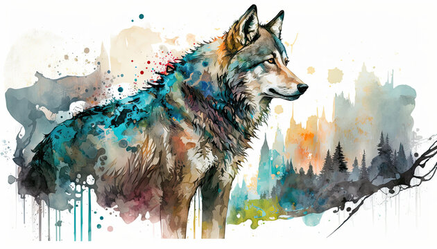 Beautiful Alaskan Wolf, the spirit of the forest in Watercolor illustration created with Generative AI artificial intelligence technology