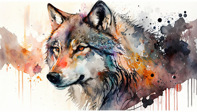 Beautiful Alaskan Wolf portrait in Watercolor illustration created with Generative AI artificial intelligence technology