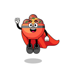 Fototapeta na wymiar meatball bowl cartoon with flying superhero