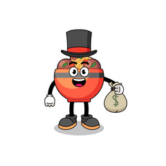 meatball bowl mascot illustration rich man holding a money sack