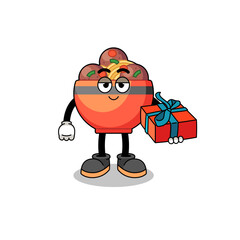 meatball bowl mascot illustration giving a gift