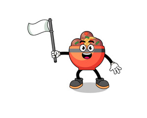 Cartoon Illustration of meatball bowl holding a white flag