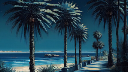 Palm trees on the beach at night. Vintage style toned picture