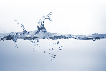 Water splash Aqua flowing in waves and creating bubbles Drops on the water surface feel fresh and clean isolated on white background.	