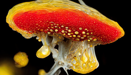 Amanita muscaria glowing red top mushroom releasing spores yellow forest. Generative Ai