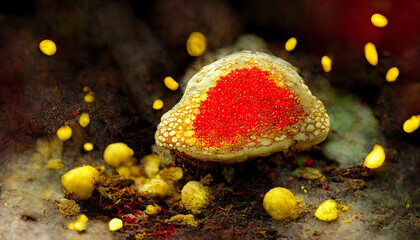 Fototapeta na wymiar Amanita muscaria glowing red top mushroom releasing spores yellow forest. Generative Ai