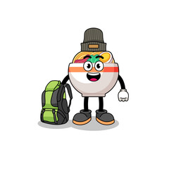 Illustration of noodle bowl mascot as a hiker