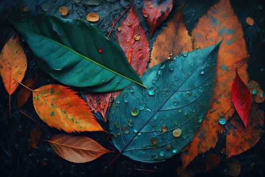 Leaves of various colors and textures rain on the ground during autumn; an isolated picture of leaves covering a surface. Generative AI